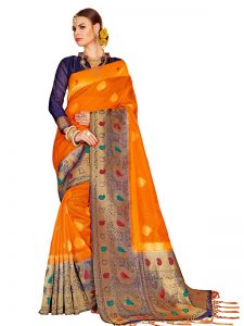 Orange & Blue Colour Designer Nylon Silk Bageecha Saree