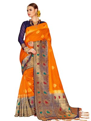 Orange & Blue Colour Designer Nylon Silk Bageecha Saree