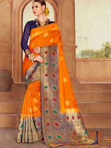 Orange & Blue Colour Designer Nylon Silk Bageecha Saree