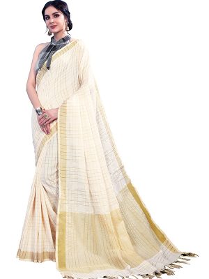 Cream Colour Designer Linen Checkmate Saree