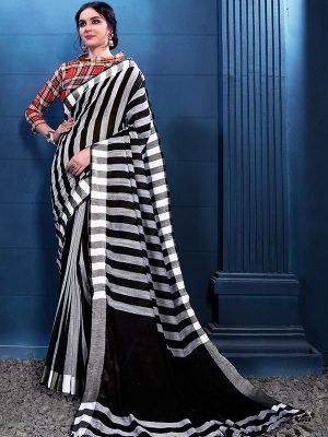 Black & White Colour Designer Linen Checkmate Saree