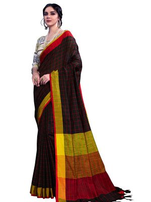 Black Colour Designer Linen Checkmate Saree