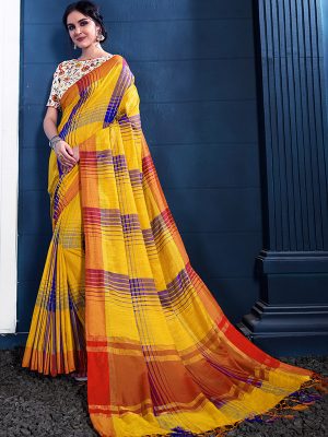 Yellow Colour Designer Linen Checkmate Saree