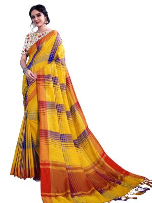 Yellow Colour Designer Linen Checkmate Saree