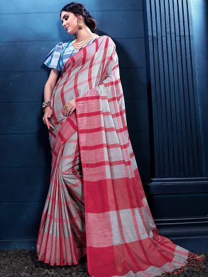Grey & Maroon Colour Designer Linen Checkmate Saree
