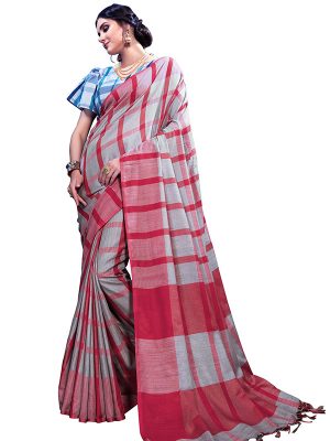 Grey & Maroon Colour Designer Linen Checkmate Saree