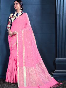 Pink Colour Designer Linen Checkmate Saree