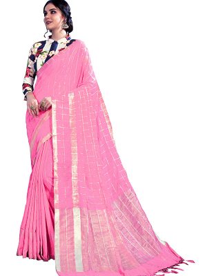 Pink Colour Designer Linen Checkmate Saree