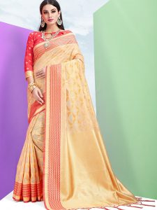 Cream Colour Designer Cotton Jacquard Coloroso Saree