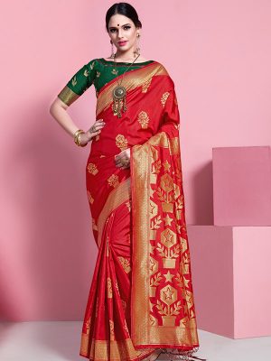Red Colour Designer Banarasi Soft Art Silk Masaba Saree