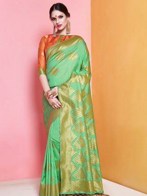 Lime Green Colour Designer Banarasi Soft Art Silk Masaba Saree