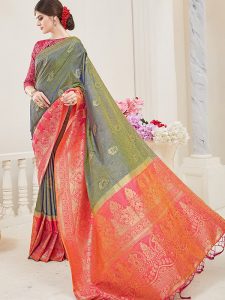 Mehendi Green Colour Designer Nylon Silk Parisera Saree