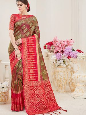 Green & Pink Colour Designer Nylon Silk Parisera Saree