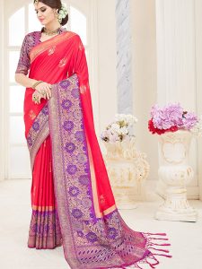 Coral Colour Designer Nylon Silk Parisera Saree