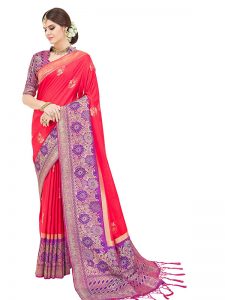 Coral Colour Designer Nylon Silk Parisera Saree