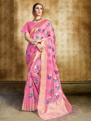 Pink Colour Designer Nylon Organza Silk Roliana Saree