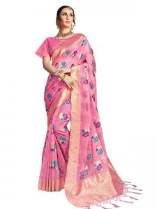 Pink Colour Designer Nylon Organza Silk Roliana Saree