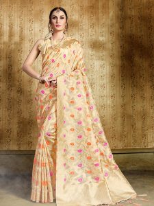 Cream Colour Designer Nylon Organza Silk Roliana Saree