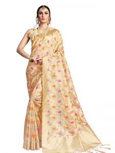 Cream Colour Designer Nylon Organza Silk Roliana Saree