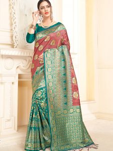 Teal Green & Pink Colour Designer Linen Silk Samayak Saree