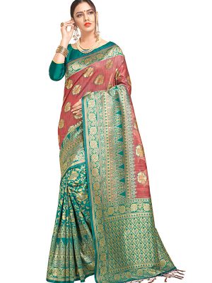 Teal Green & Pink Colour Designer Linen Silk Samayak Saree