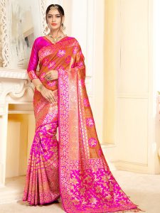 Pink & Orange Colour Designer Linen Silk Samayak Saree