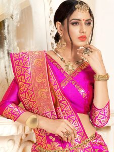 Pink & Orange Colour Designer Linen Silk Samayak Saree