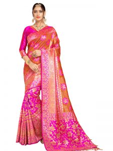 Pink & Orange Colour Designer Linen Silk Samayak Saree