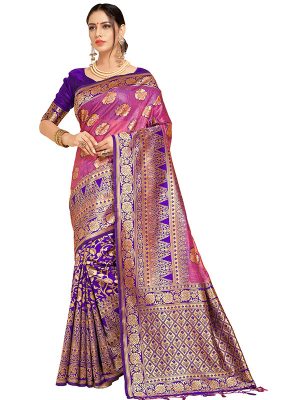 Blue & Pink Colour Designer Linen Silk Samayak Saree