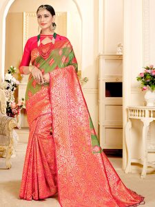 Pink & Green Colour Designer Linen Silk Samayak Saree