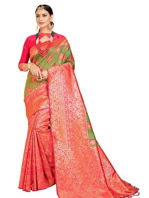 Pink & Green Colour Designer Linen Silk Samayak Saree