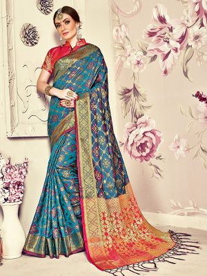 Turquoise Blue Colour Designer Banarasi Silk Paridhan Saree