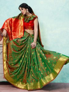 Green & Red Colour Designer Banarasi Art Silk Jharoka Saree