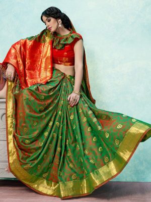 Green & Red Colour Designer Banarasi Art Silk Jharoka Saree