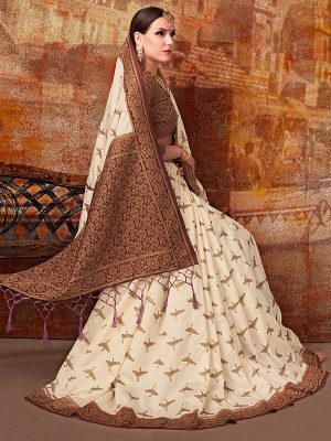 Off White & Brown Colour Designer Nylon Banarasi Silk Vijaylaxmi Saree