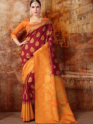 Maroon & Orange Colour Designer Nylon Banarasi Silk Vijaylaxmi Saree