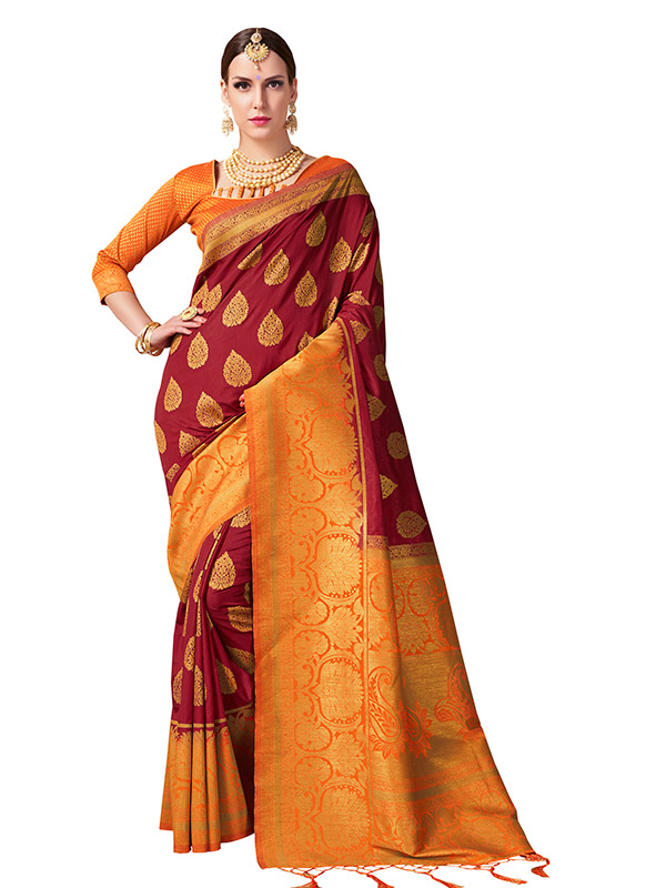 Temple Border Pure Silk Banarasi Wedding Saree (Orange) – rooprekha