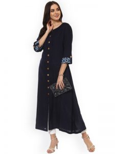 Women Navy Blue Solid A-Line Kurta