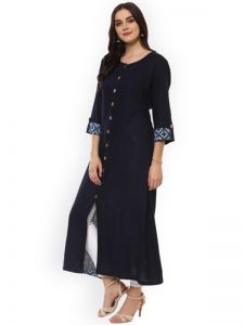 Women Navy Blue Solid A-Line Kurta