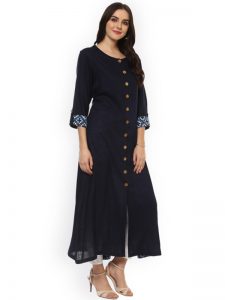 Women Navy Blue Solid A-Line Kurta