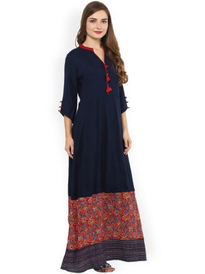 Women Navy Blue Printed A-Line Kurta