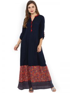 Women Navy Blue Printed A-Line Kurta