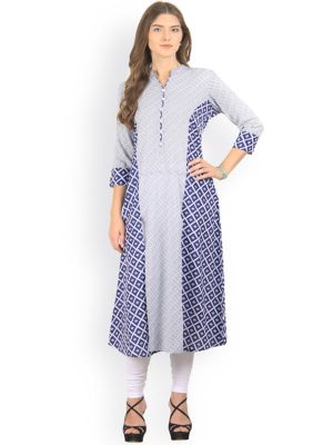 Women Blue & Grey Printed Straight Kurta