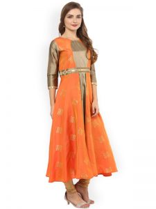 Women Orange & Gold-Toned Printed Anarkali Kurta