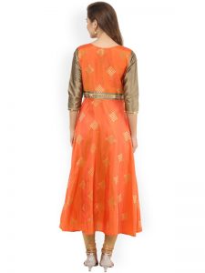 Women Orange & Gold-Toned Printed Anarkali Kurta