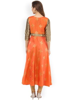 Women Orange & Gold-Toned Printed Anarkali Kurta
