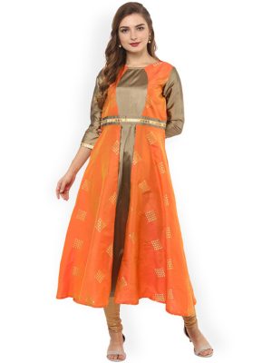 Women Orange & Gold-Toned Printed Anarkali Kurta