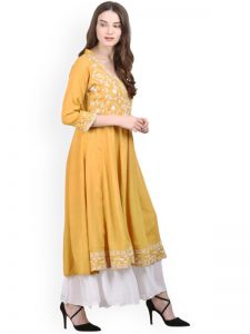 Women Mustard Embroidered Anarkali Kurta