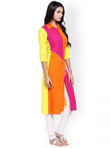 Orange & Yellow Colour Block Kurta