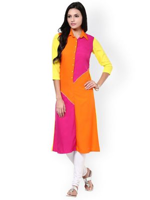 Orange & Yellow Colour Block Kurta